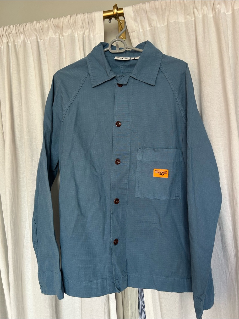 chore shirt cotton rip stop Blue Long-Sleeve Button-Down Shirt with Patch Pocket